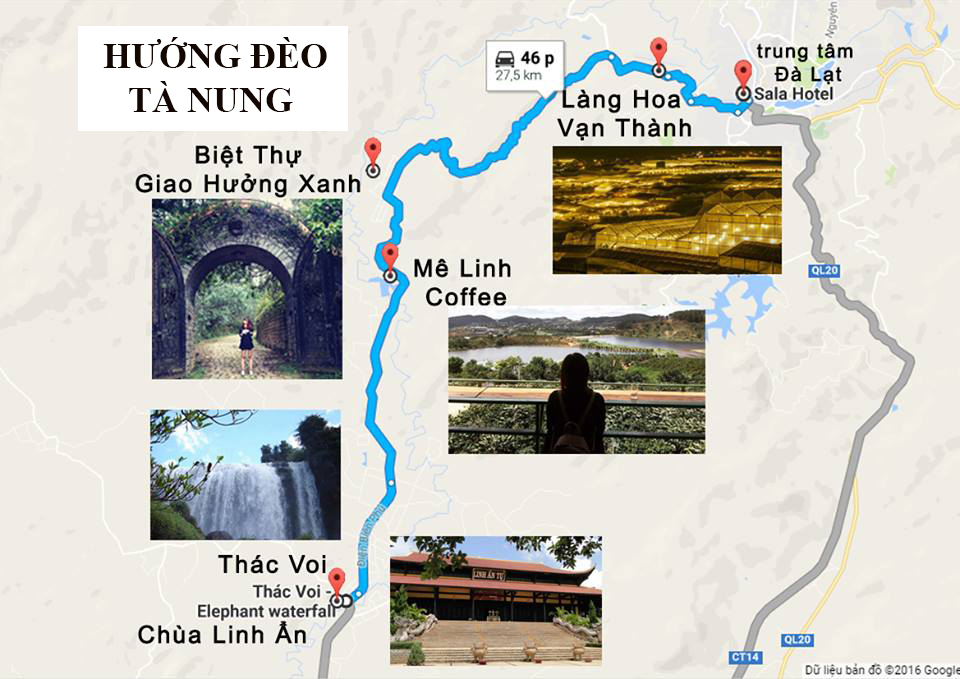 Bản đồ đi Thác Voi theo hướng Đèo Tà Nung
